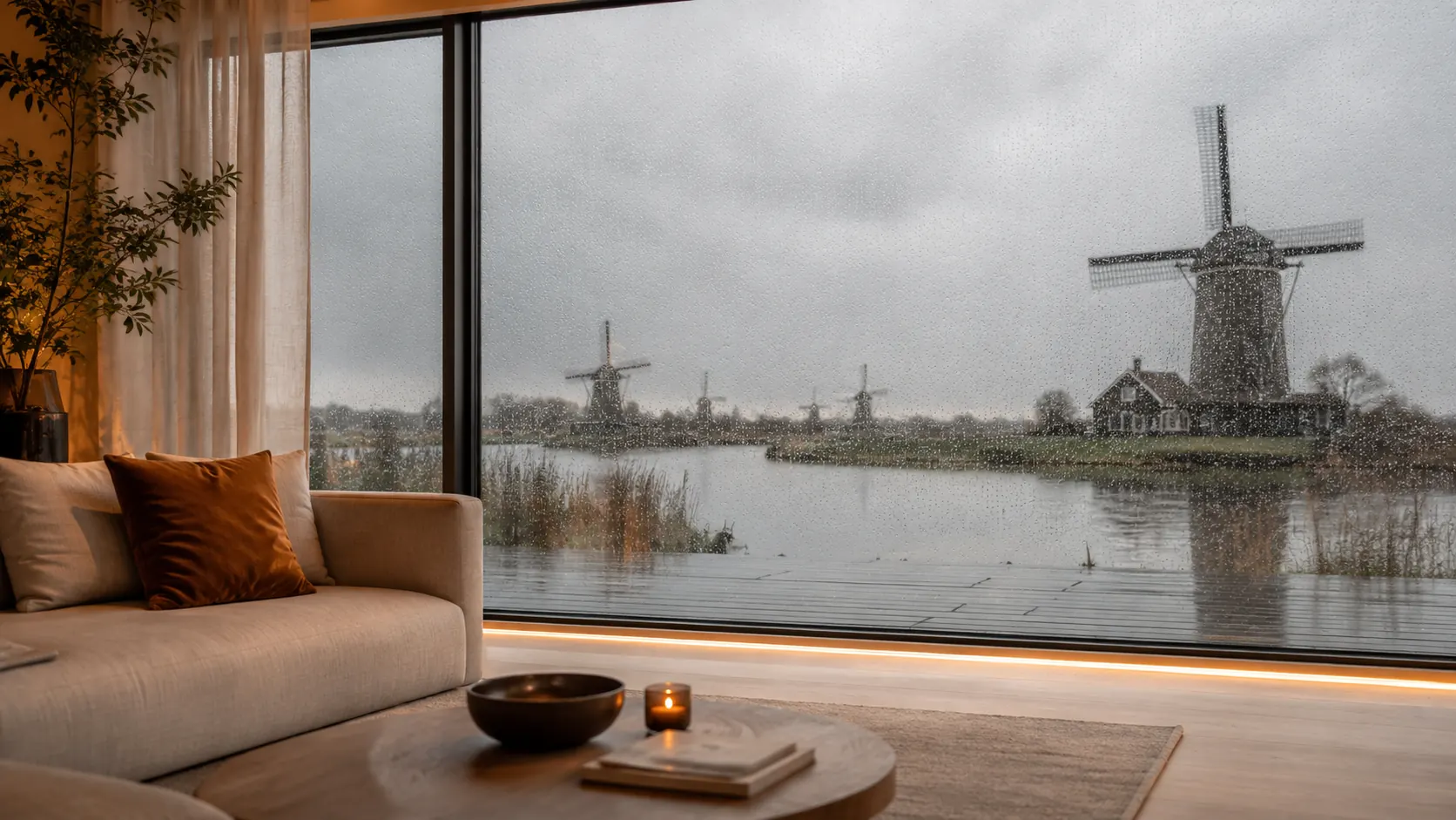 A warm living room seen from within, looking through a large fixed pane at windmills across water in heavy rain.