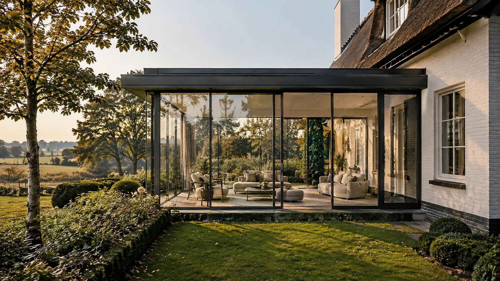 A frameless glass garden room extending from a white brick farmhouse into open Limburg fields in autumn light.