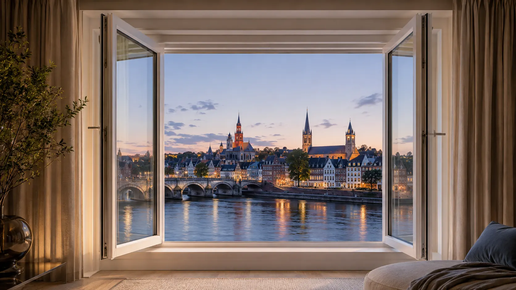 A white casement window standing open onto the Maas at dusk, with the Sint Servaas bridge and the Maastricht skyline beyond.