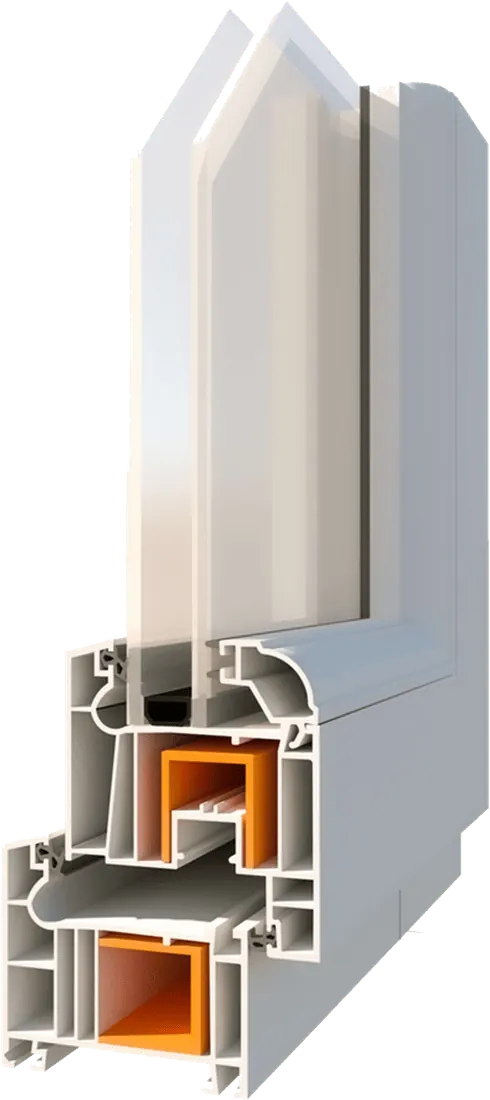 A cutaway render of the Horizon 70 mm five-chamber casement profile, steel reinforcement shown in orange.