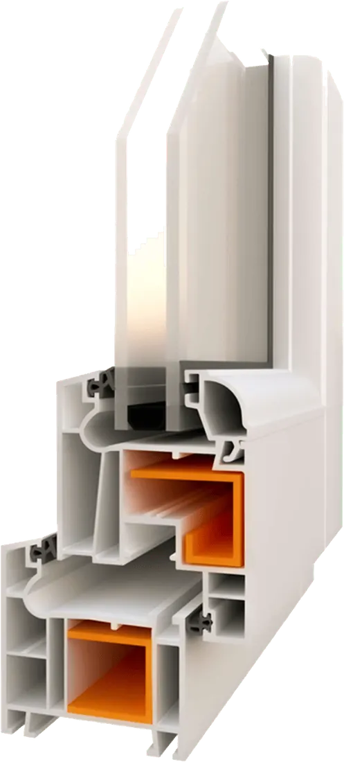 A cutaway render of the Lumina 60 mm four-chamber casement profile, steel reinforcement shown in orange.