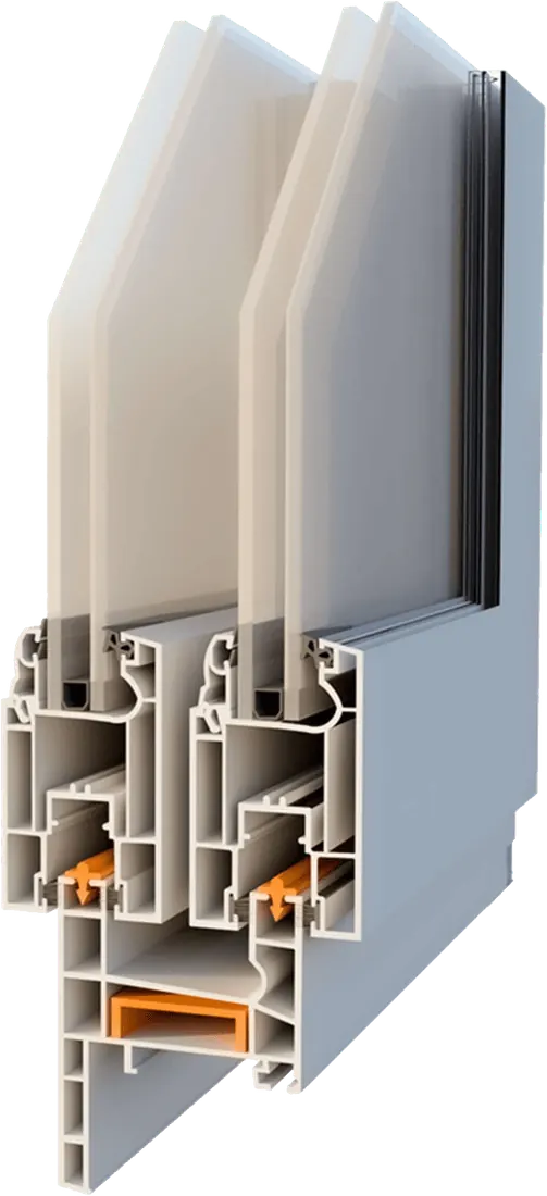 A cutaway render of the Prisma 70 mm sliding profile with its rail and drainage detail.