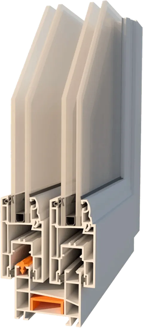 A cutaway render of the Vista 60 mm sliding profile with its rail and drainage detail.