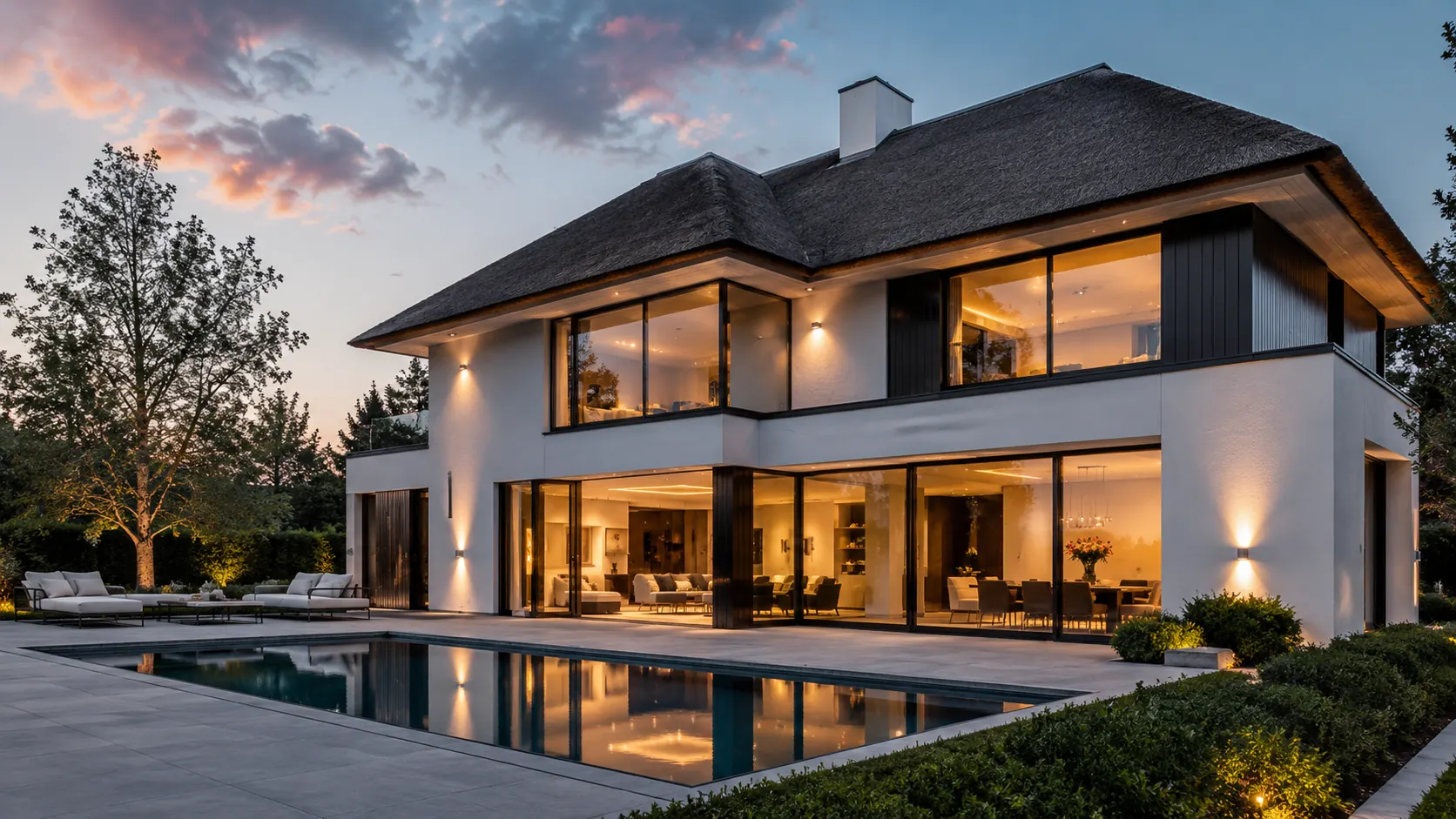 A modern Dutch villa under a thatched roof at dusk, black-framed sliding walls open onto a pool terrace.
